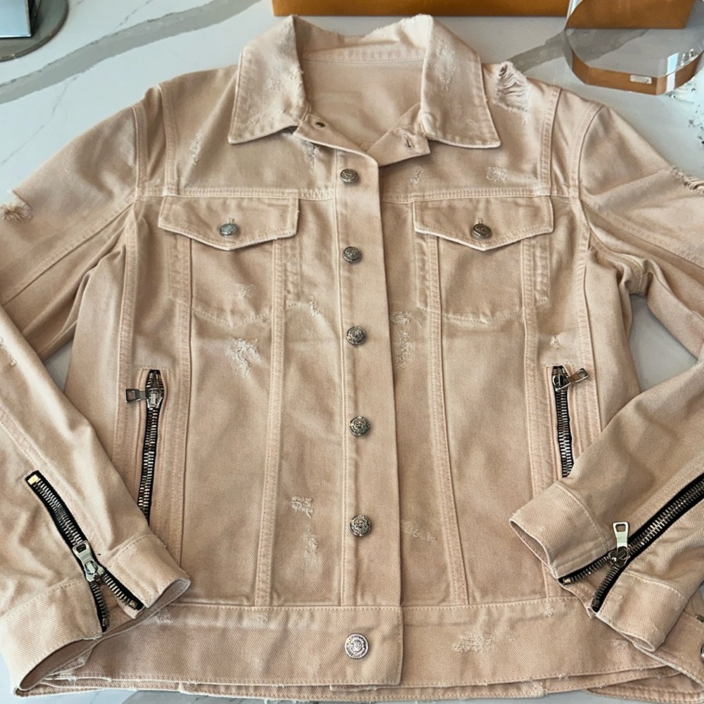 Men’s Balmain Fistressed Denim Jacket sz 50 Tan